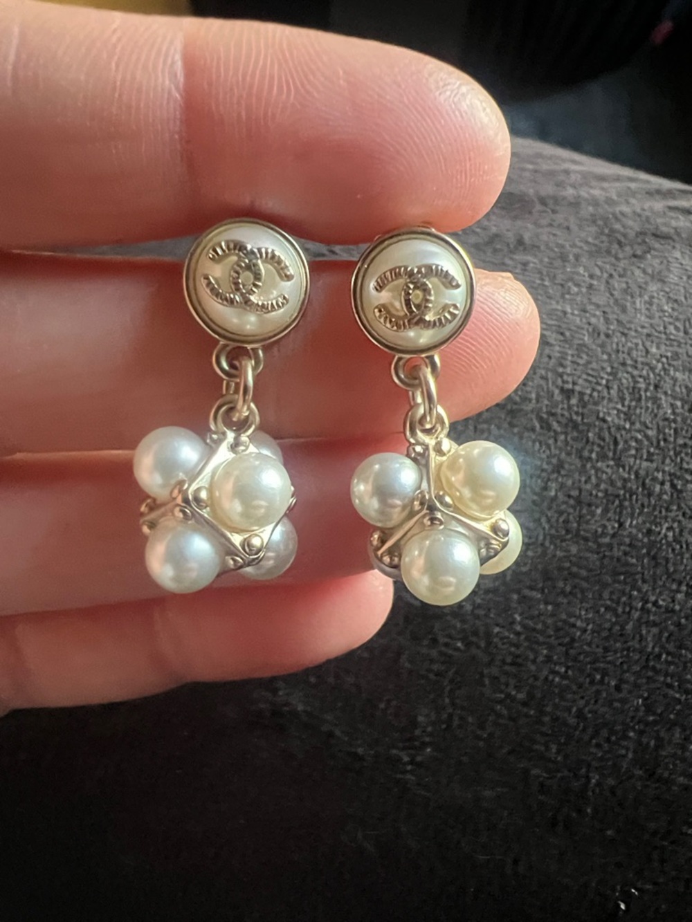 CHANEL Gold-Tone CC Pearl Cluster Drop Earrings